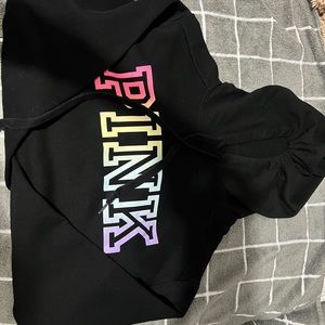 All black VS hoodie with colorful lettering